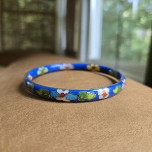 Vintage Cloisonné Floral Enamel Bangle Bracelet Blue Gold Colorful Flowers